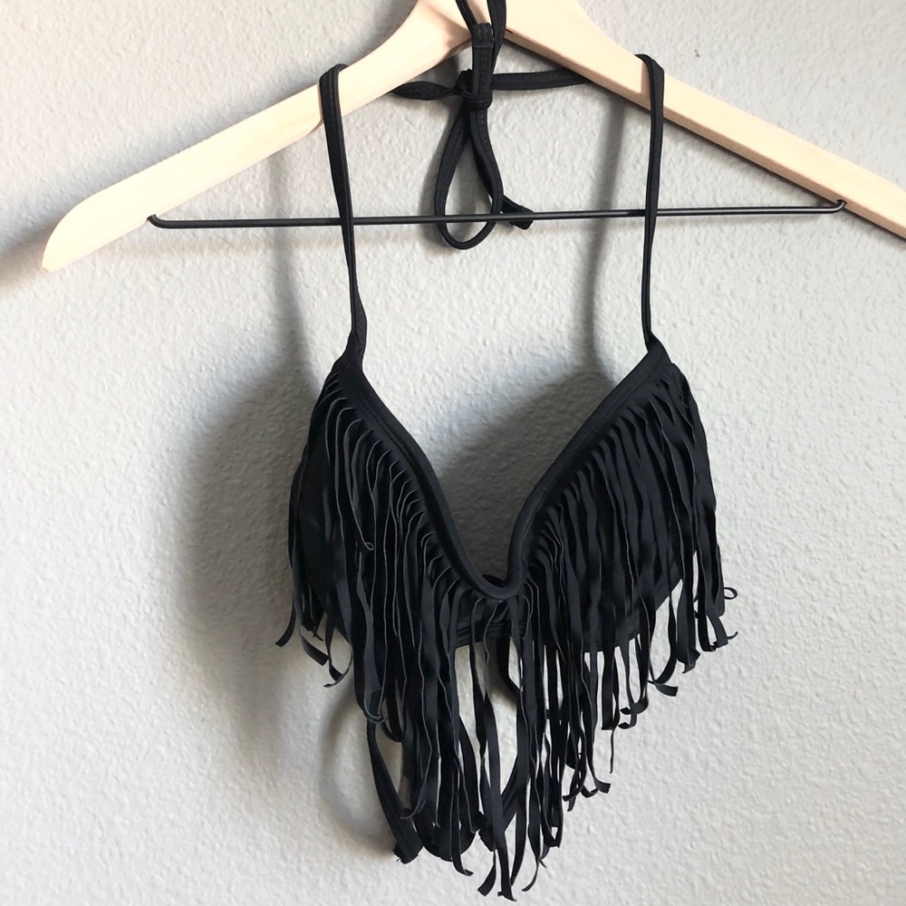 Fringe black swim top